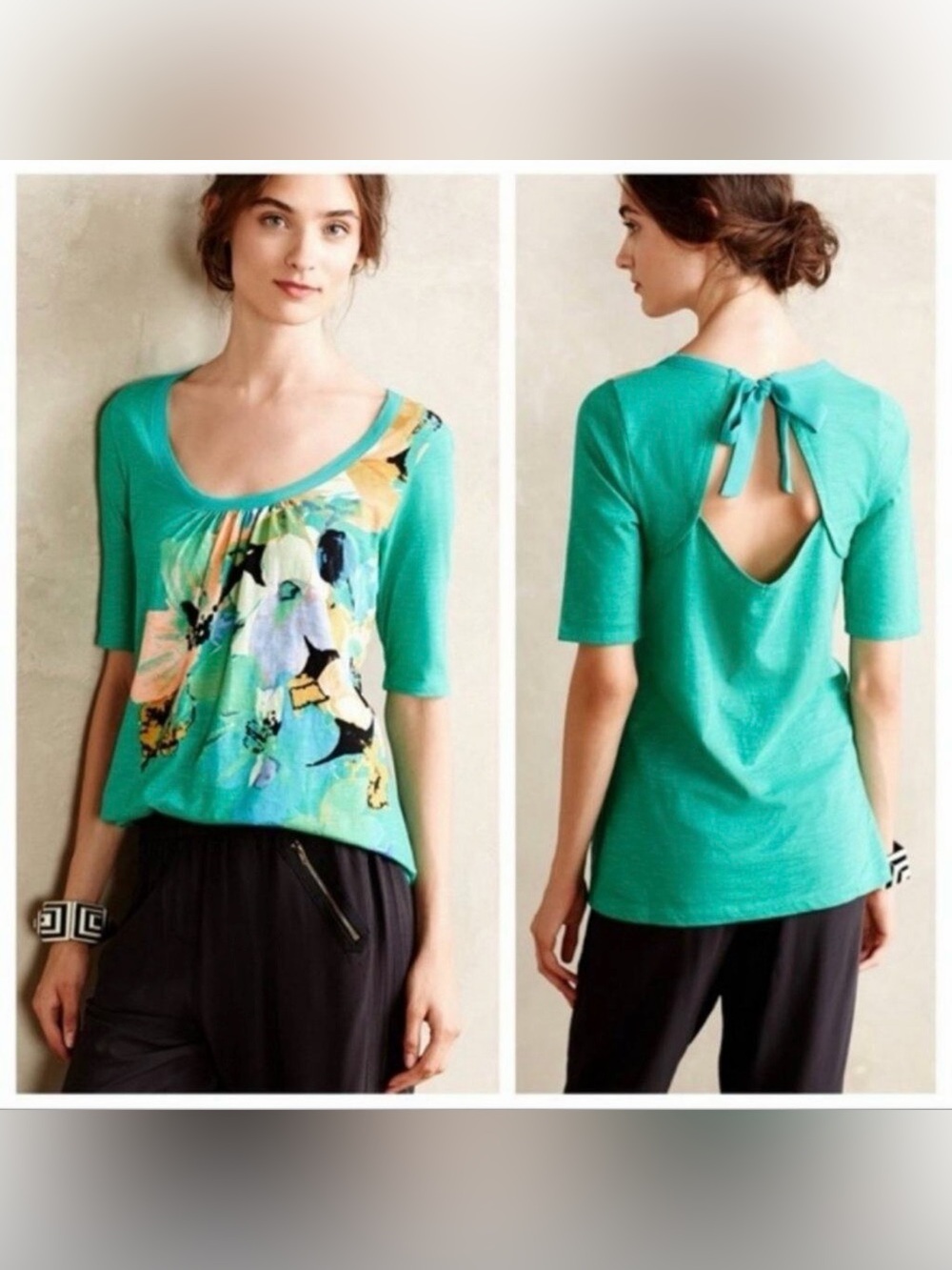 Anthropologie Akemi + Kin Green Floral Top Tie Back 100% Cotton Size Small - Picture 1 of 8